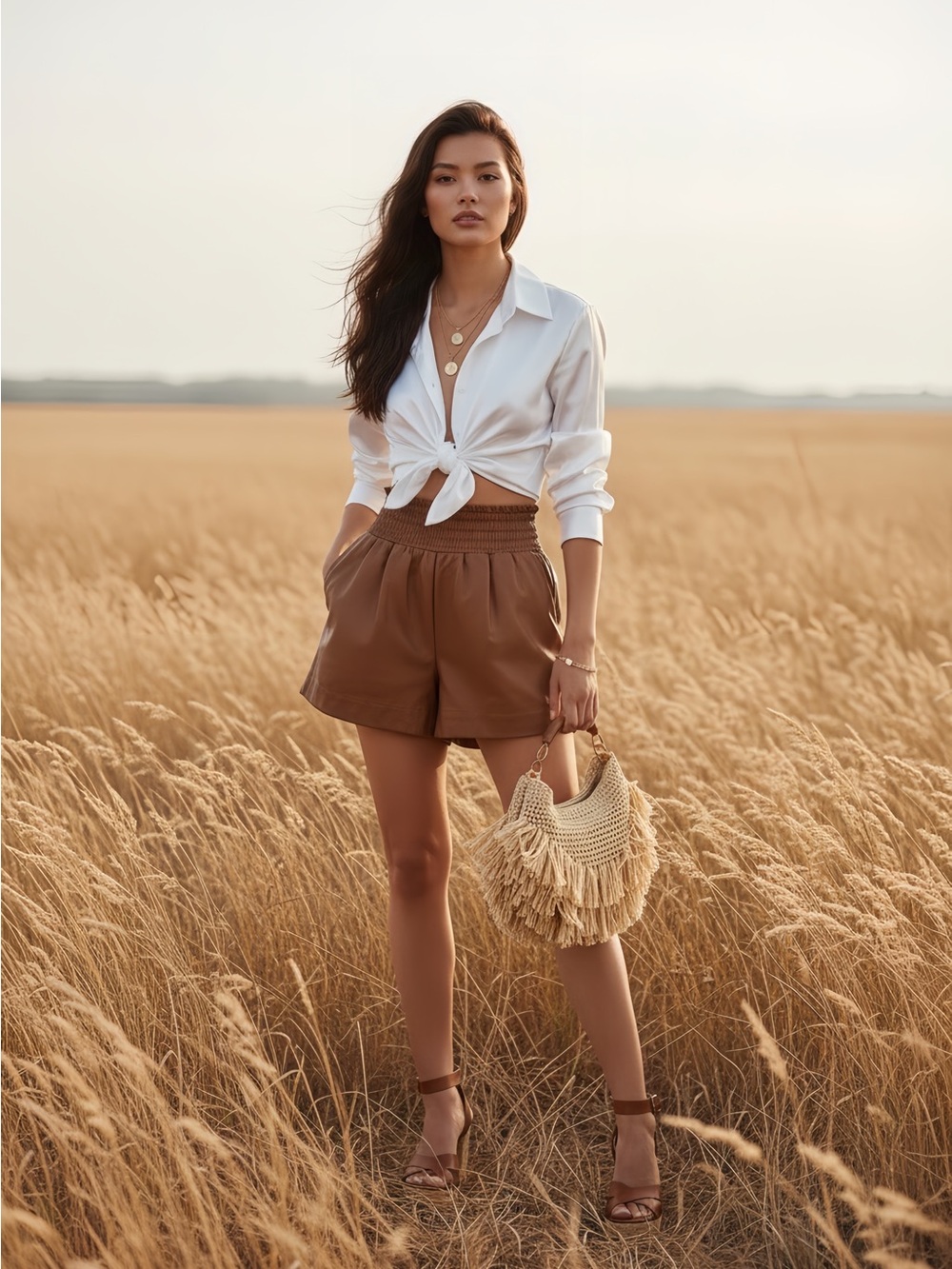 TCEC High-Waist Brown Faux Leather Smocked Shorts